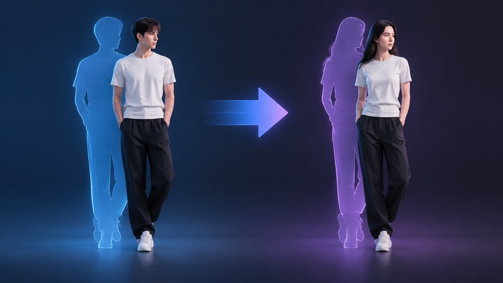 Two figure silhouettes with an arrow showing appearance transferring while the pose stays fixed.