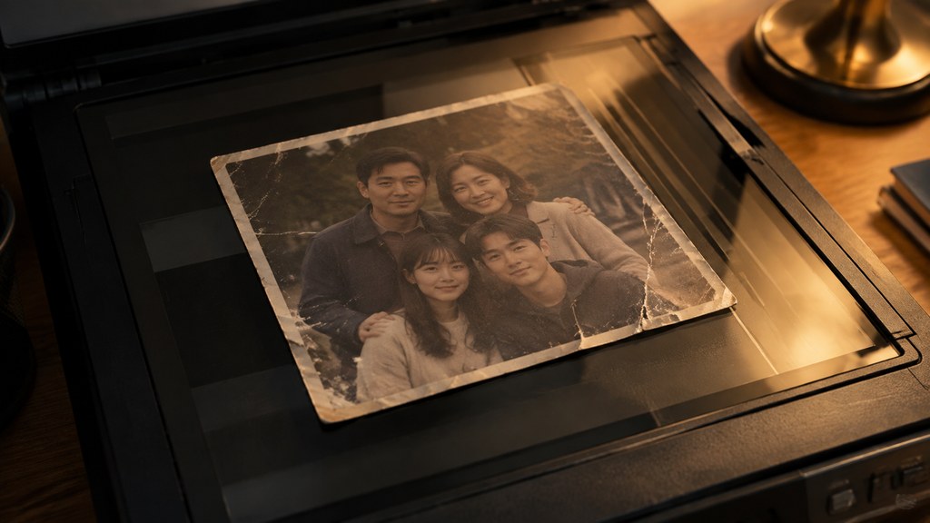 The starting point that decides everything else: a cracked, faded print laid flat on a scanner bed.