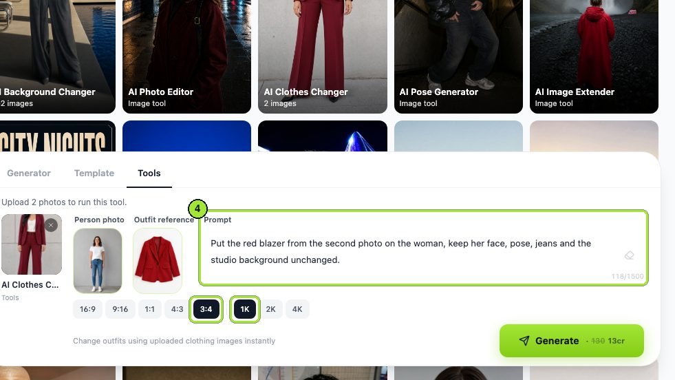 The Prompt box carries the instruction, and the ratio and resolution rows are set to 3:4 and 1K.