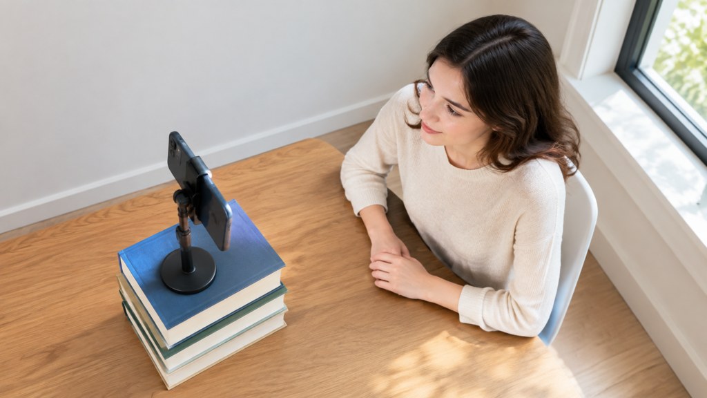 The setup in plan view: phone on a stack of books facing the subject, window to one side, plain wall behind.