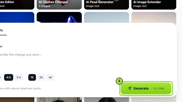 Step 3: the price sits on the button itself, 13 credits for this job.