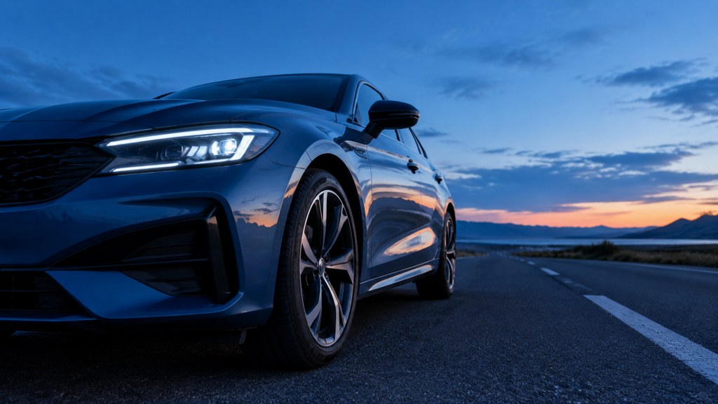 Shot at wheel-arch height on an empty road at blue hour, when the sky reflects as one smooth tone.