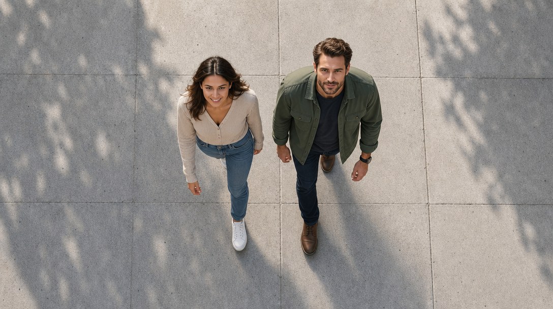Overhead view of the walking setup: two people move toward the camera while the photographer steps backward at the same pace.