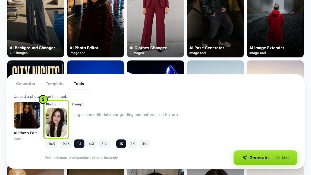 The test selfie in the Photo box of the AI Photo Editor tool.