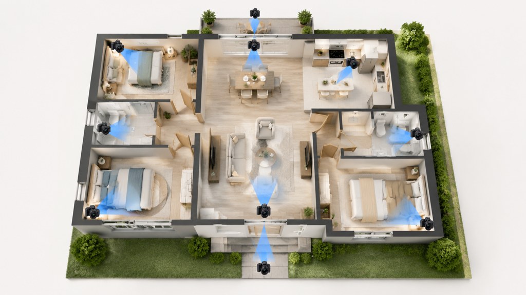 Camera positions marked on a plan: two corners per main room, doorway frames for the small ones.