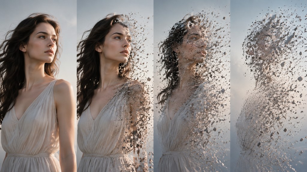 A single subject shown across four frames of a disintegration effect, the point where most transformations start to drift.