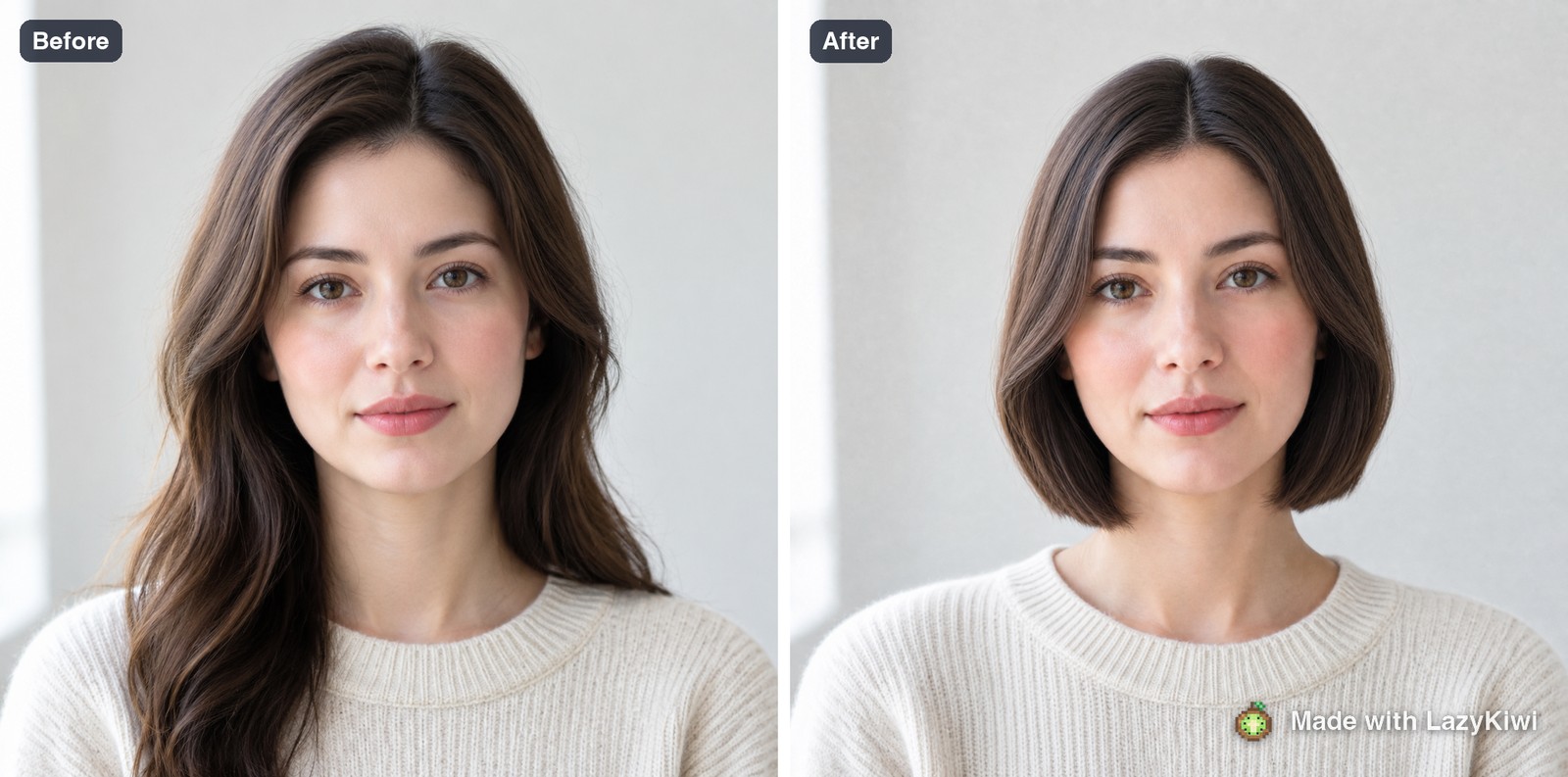 Before and after on the same photo: long layers in, chin-length blunt bob out, 13 credits.