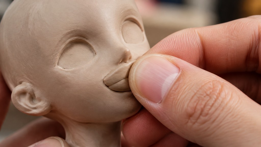 A thumb pressing a clay mouth shape into a character head, macro with fingerprints visible.
