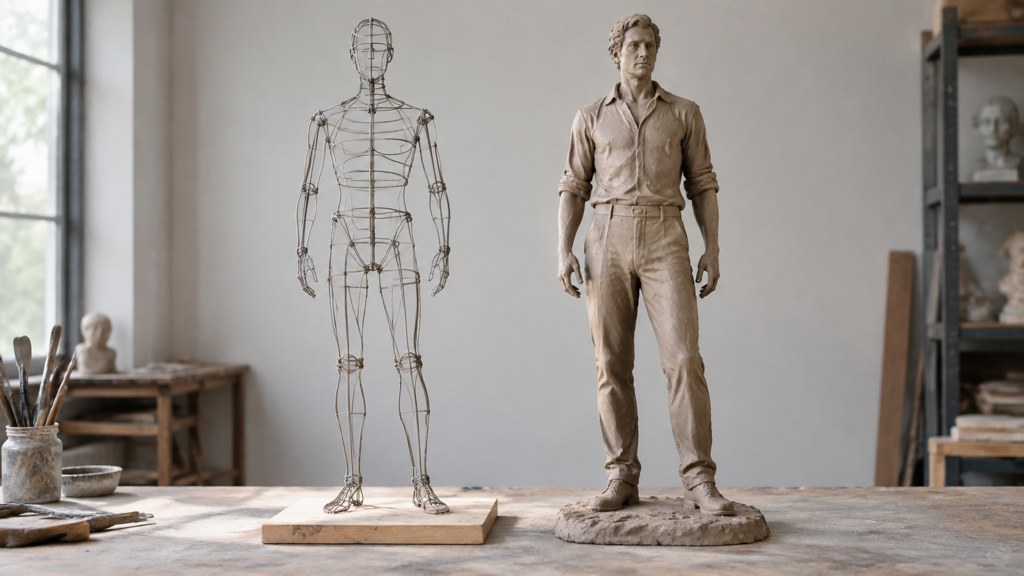 A wire armature beside the same figure covered in clay, side by side.