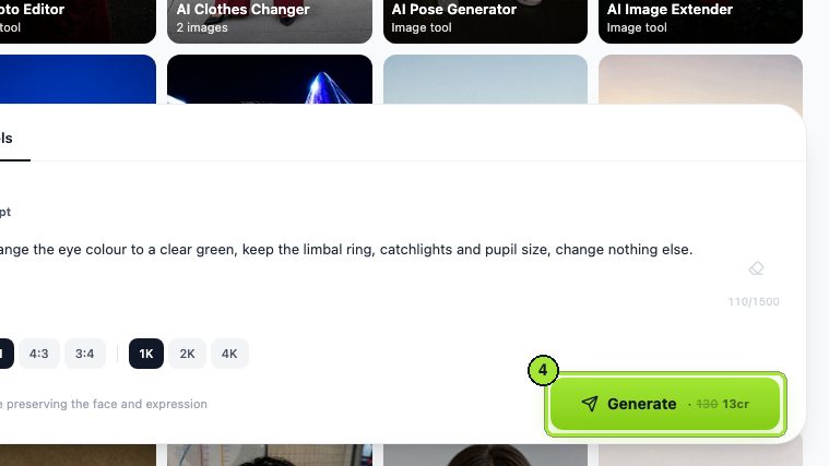 Step 4: click Generate. The button shows the credit cost, 13 credits for this run, before you commit.