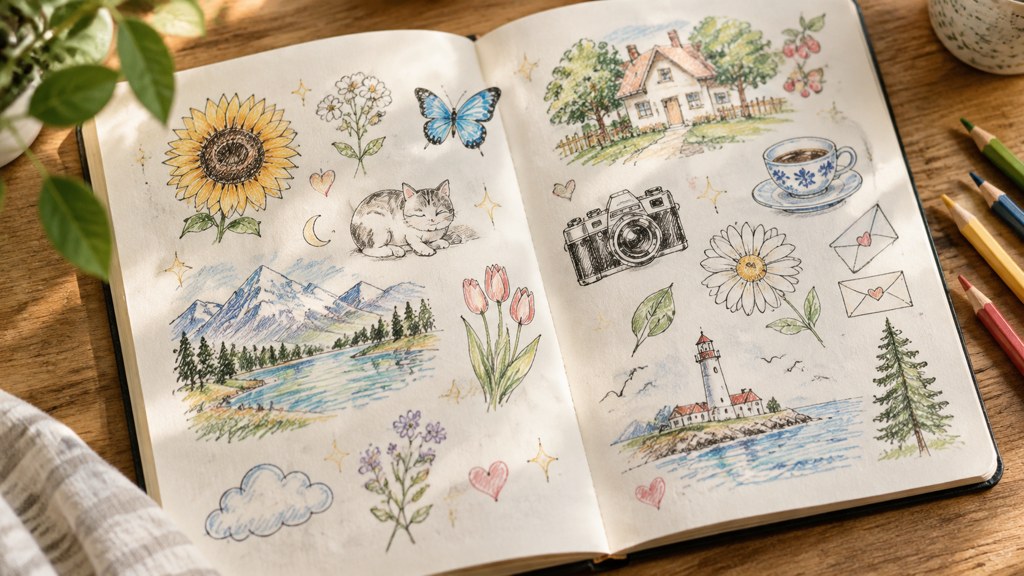 The end state: a page of finished motifs. Generated sheets are best used as reference for pages like this rather than as the finished artefact.