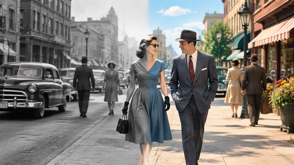 The seam that makes the case: one 1950s street, monochrome on the left, colorized on the right.