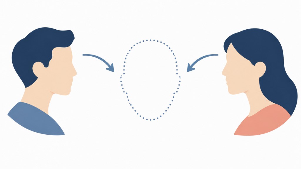 Two adult outlines with arrows into a dotted placeholder. The dotted edge is the honest part of the diagram.