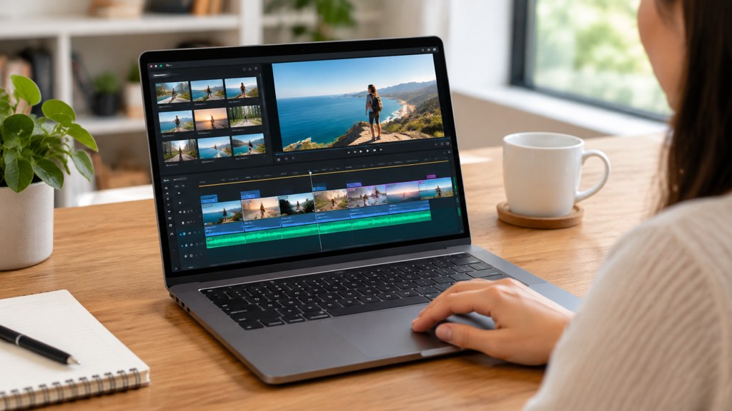 A laptop showing a video timeline with generated clips laid out.