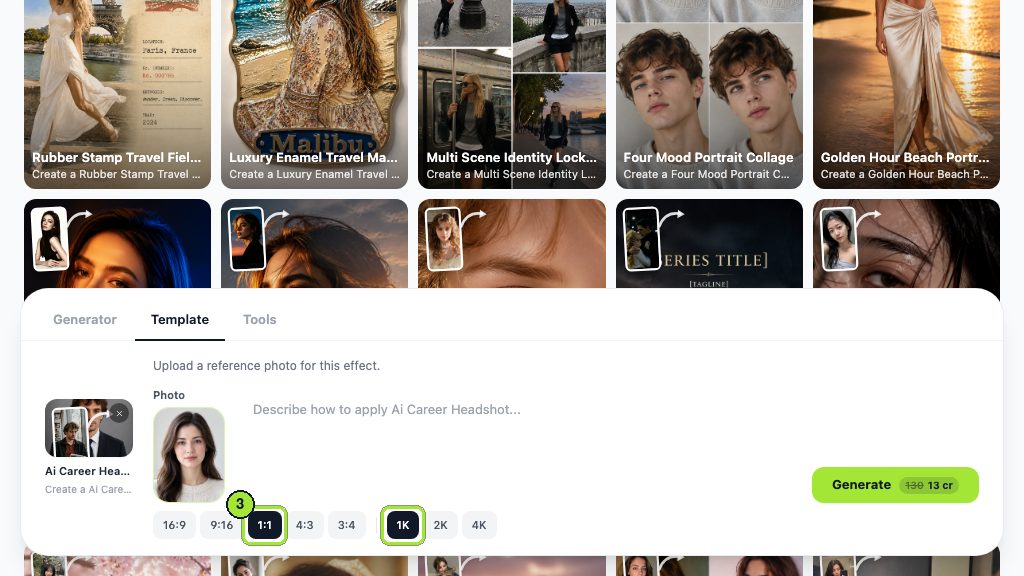 The 1:1 ratio and 1K resolution chips selected, which together produce a square file inside LinkedIn's accepted range.