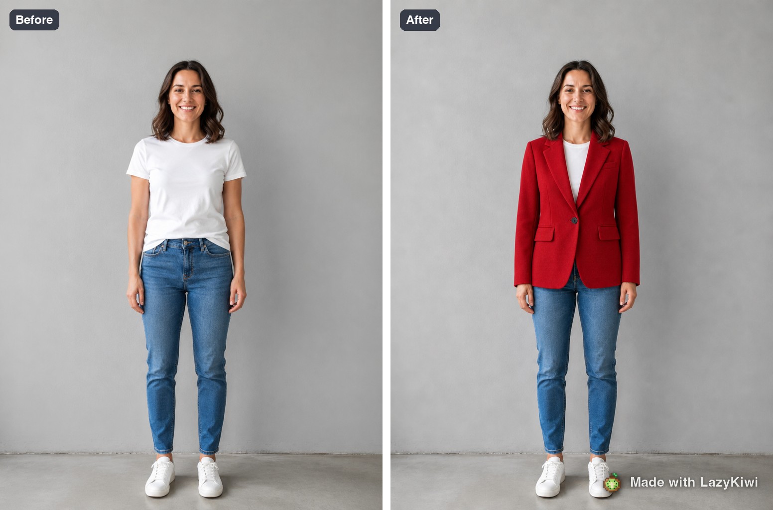 Run one, side by side: the original full-length photograph next to the result with the blazer applied, 13 cr.