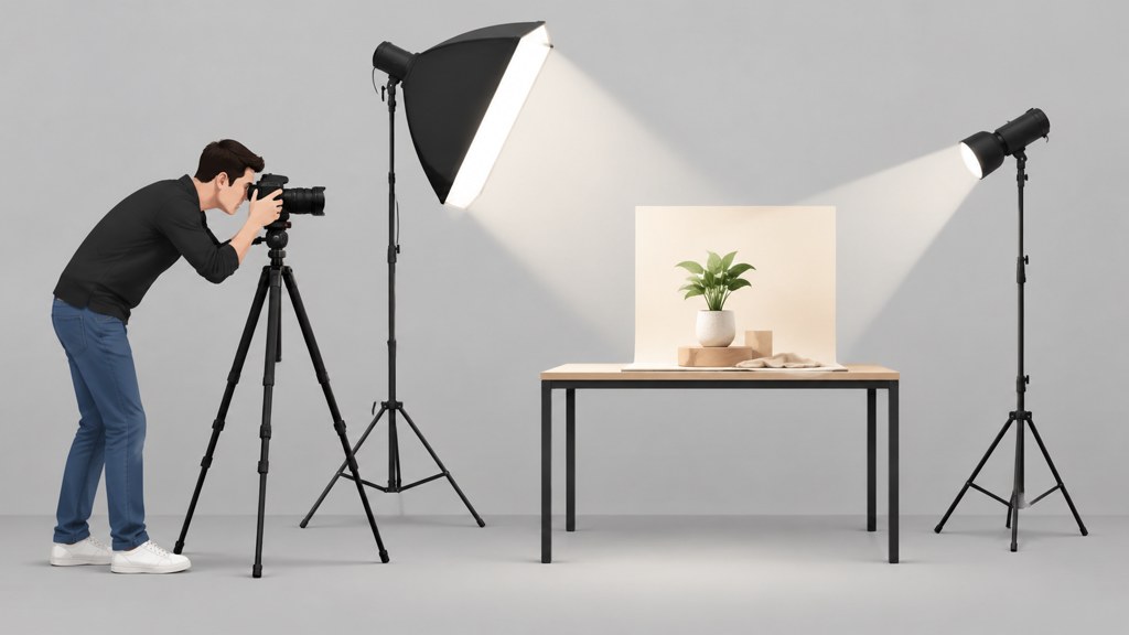A side-view rig diagram with camera, lamps and a small set on a table.