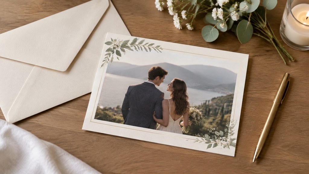 Where a stationery portrait ends up: a printed card on a table, not a photo album.