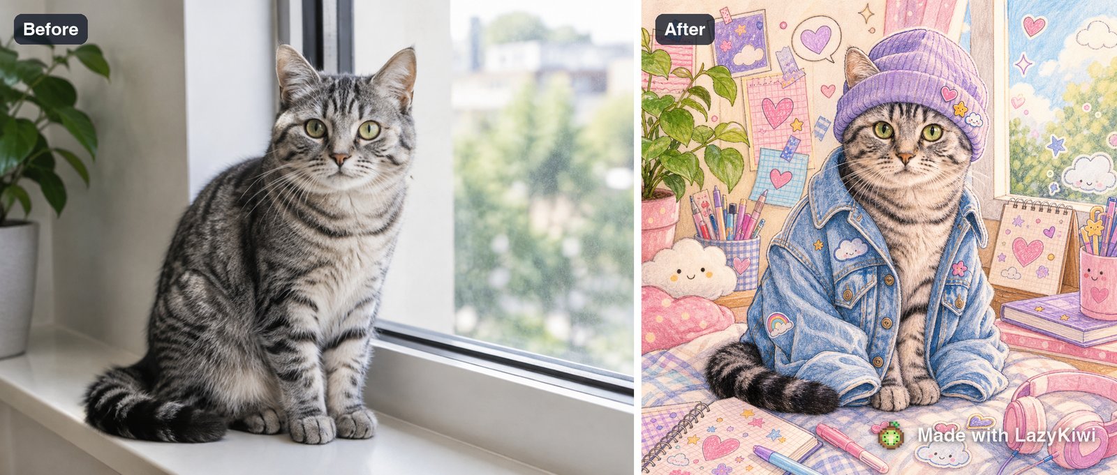 Before and after on the first run: the photograph and the doodle-style card it produced, 13 cr.