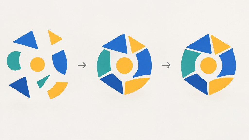 An abstract geometric mark resolving from scattered pieces, three frames in a row.