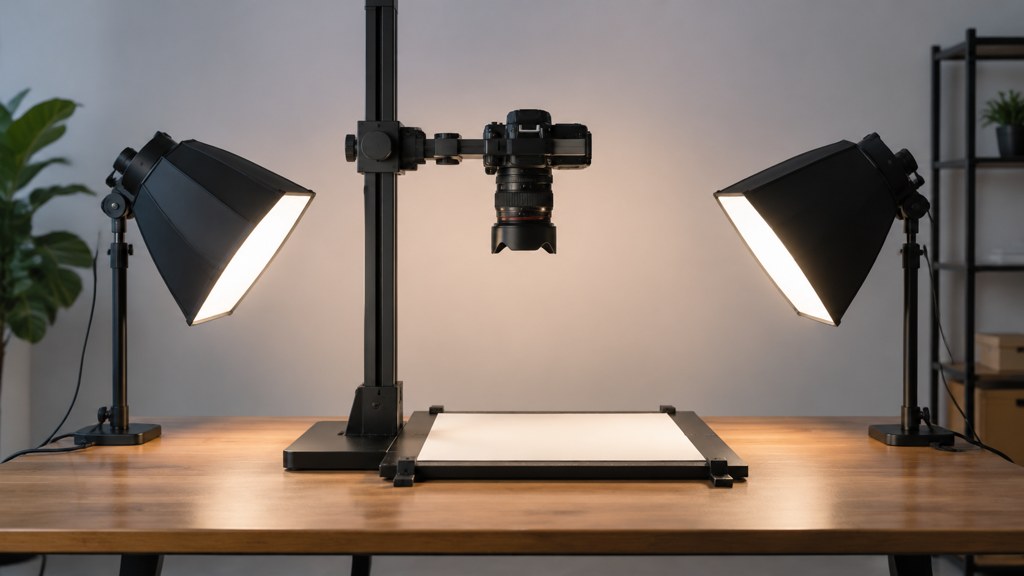 The rig in cross-section: camera looking straight down, two lamps at forty-five degrees, and the card stage on the base. Every physical route starts here.