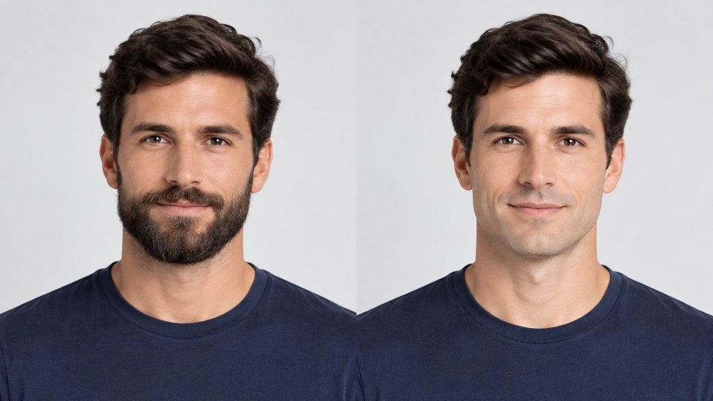 The same face bearded and clean shaven under matching light, which is the only fair comparison.