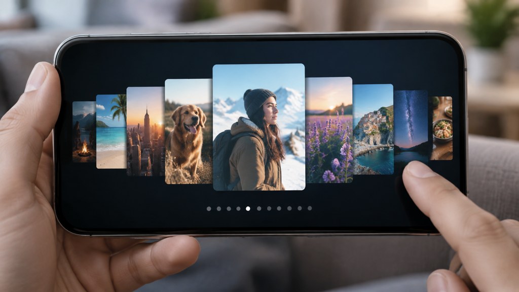A carousel of ten mismatched frames on a phone screen, position dots showing how far through the set a viewer is.