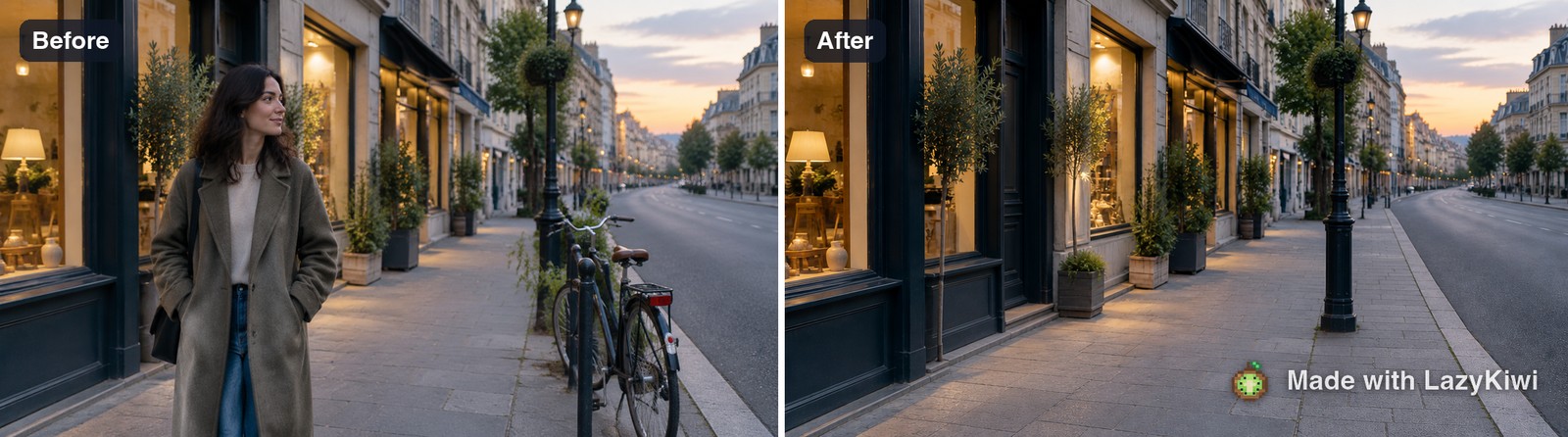 One pass on the demo street scene: the walking figure gone, the shopfront rebuilt, 13 credits.