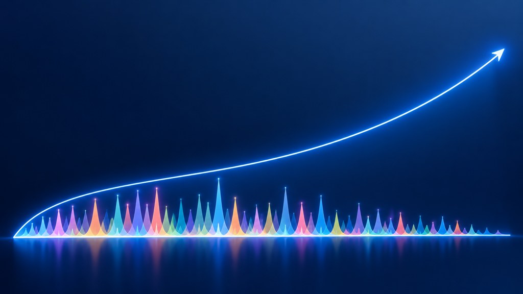 The shape of the phenomenon: many small named memes spiking and collapsing under one line that keeps climbing.