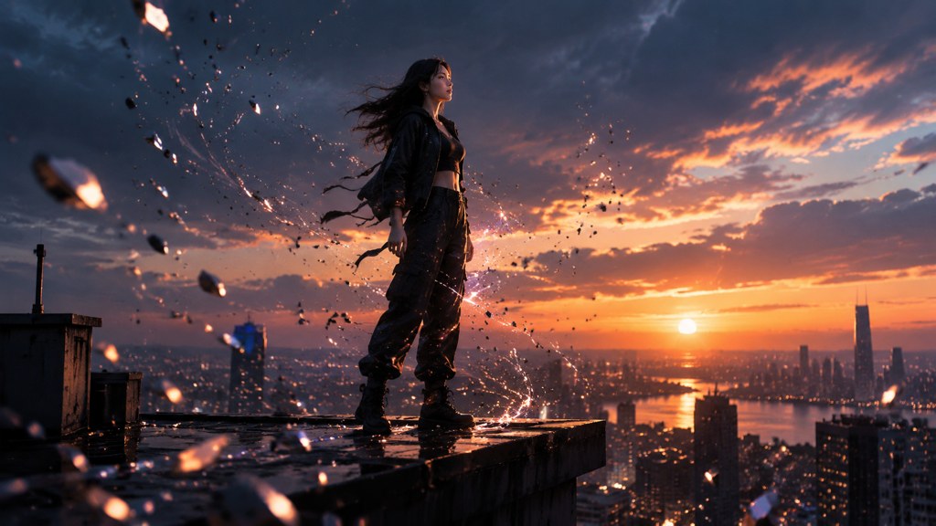 A dramatic generated shot of a figure on a rooftop with particles rising, the kind of payoff frame an overused effect can still earn.