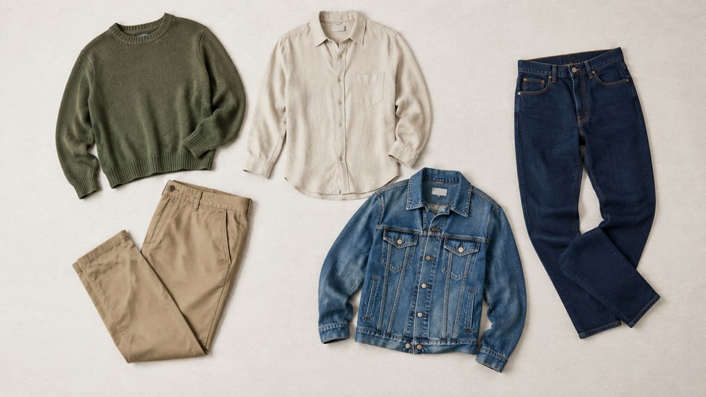 Five garments from one palette laid out flat: different pieces, different weights, three shared colours.