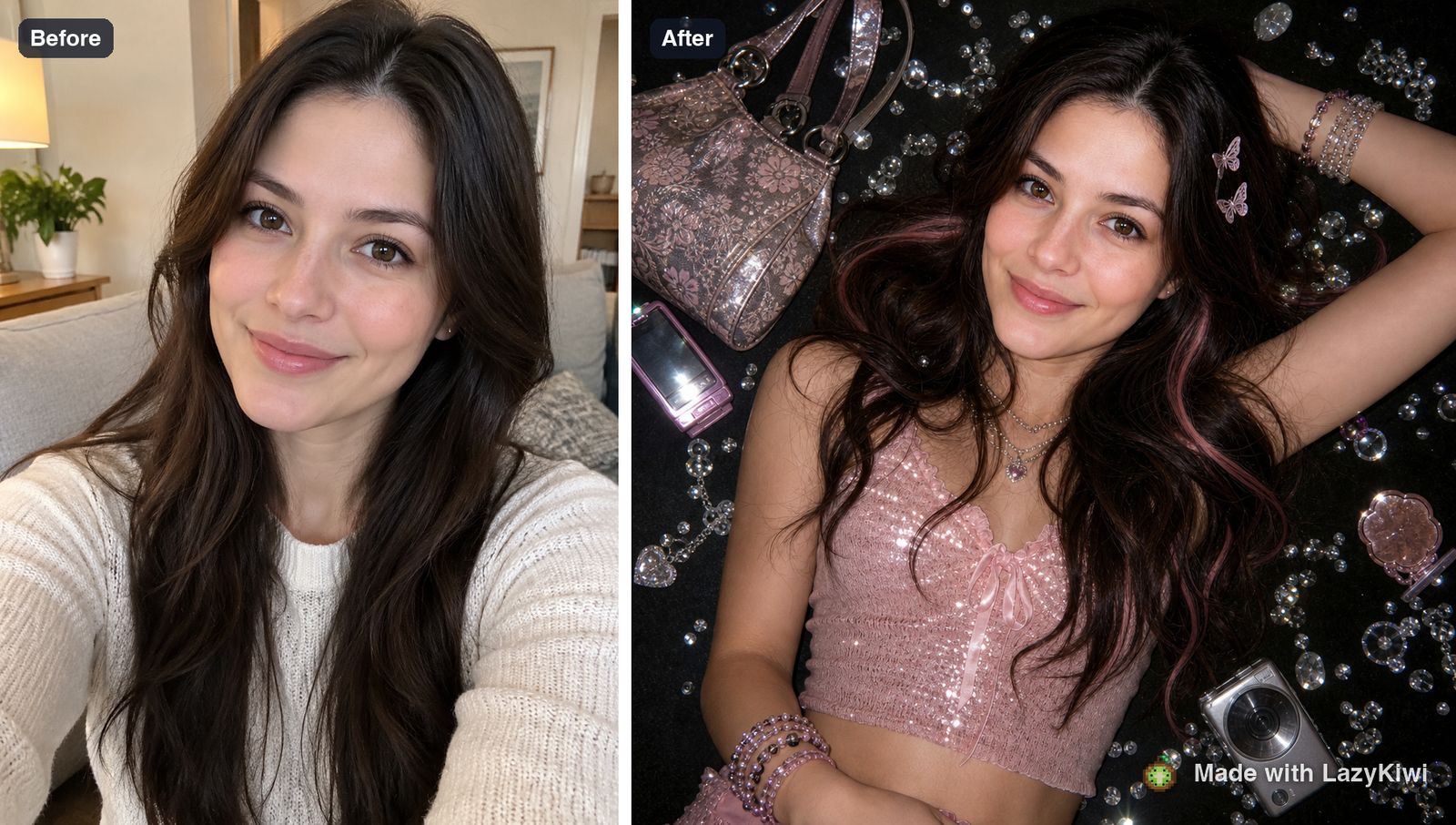 The source selfie and the glitter overhead render side by side. Watermarked; 13 credits for the run.