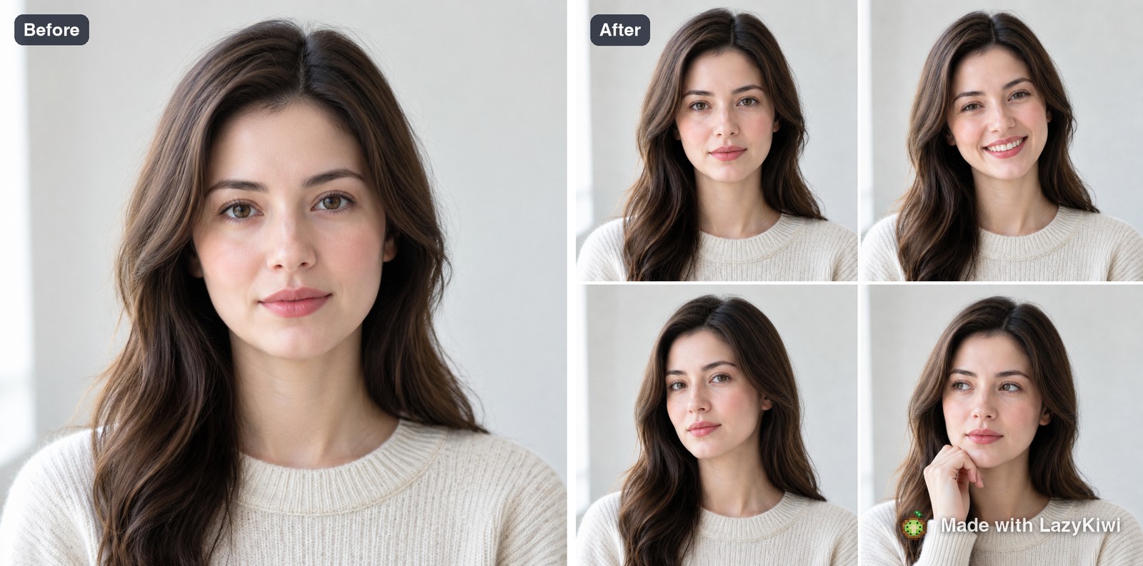 The uploaded headshot beside the four-panel result, 1:1 at 1K for 13 credits.
