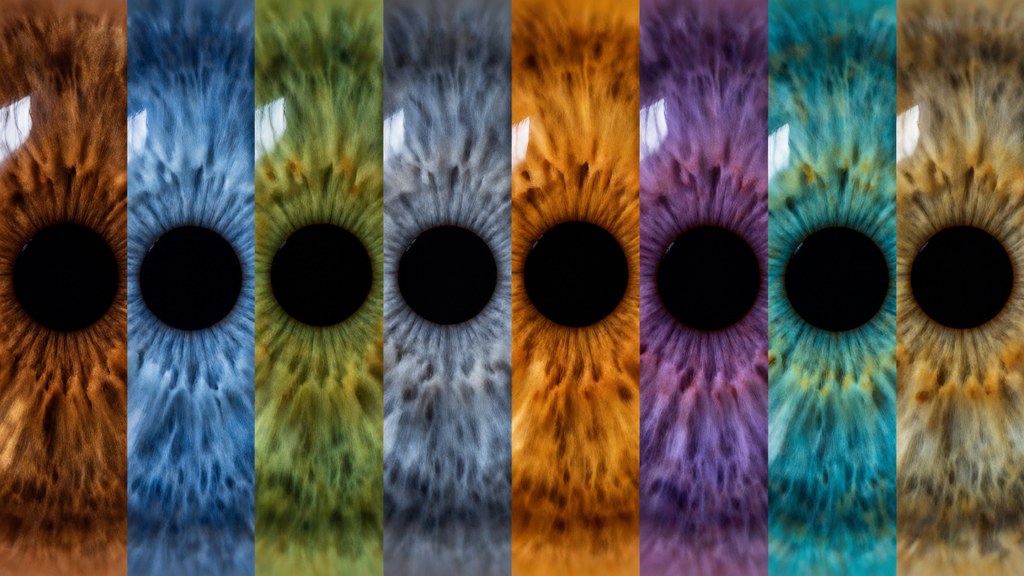 A horizontal strip of eight iris close-ups in different colours, macro detail.