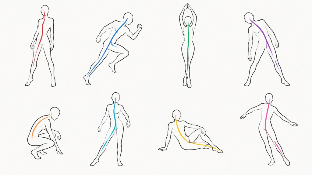Eight figure silhouettes, each with its line of action drawn through it. The line is the first thing to check in any reference frame.