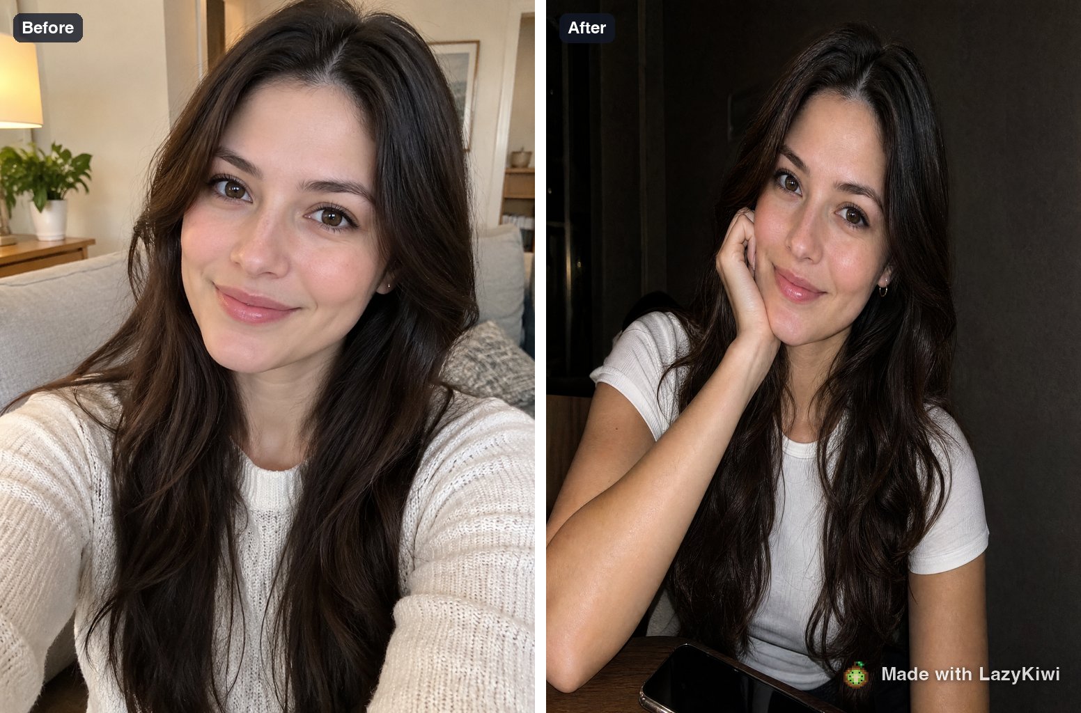 Before and after on run one: the flat indoor selfie and the flash version, 13 cr.