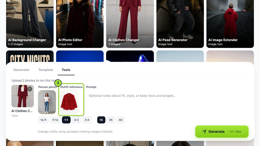 The Outfit reference box takes the garment: here a red blazer photographed flat.