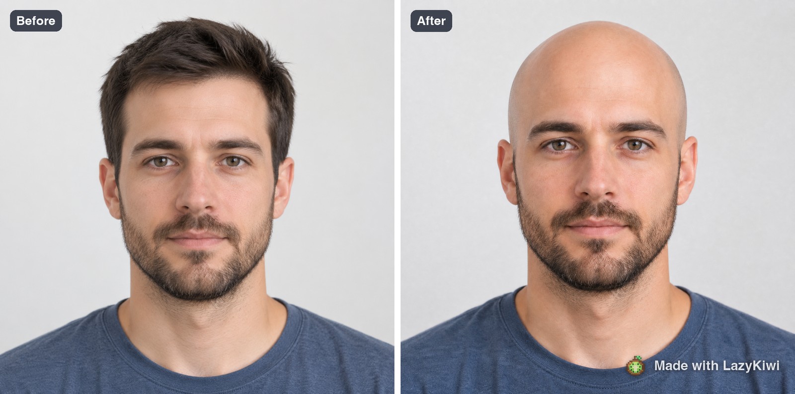 Before and after on the same frame: hair removed, beard and expression untouched, 13 credits.