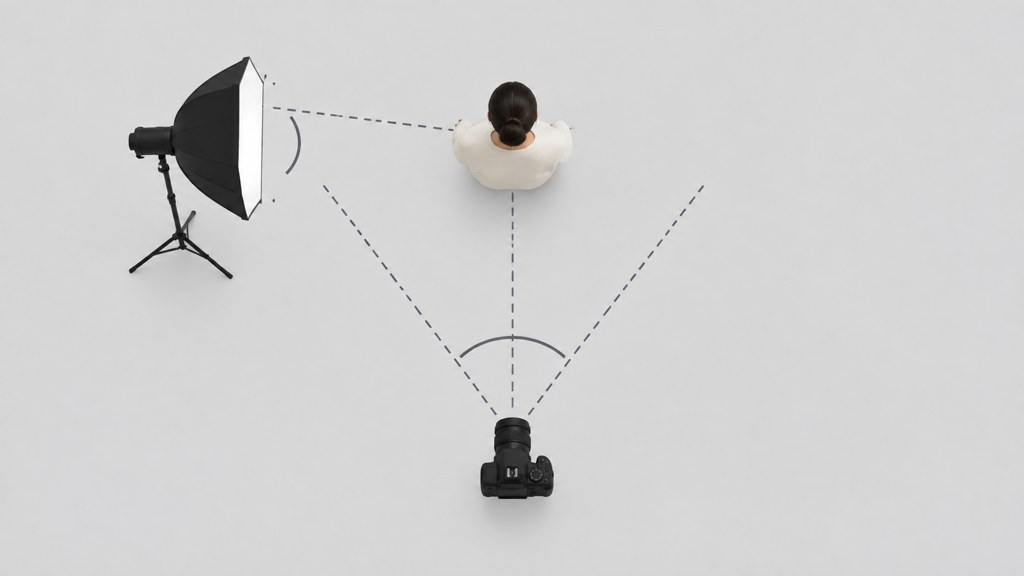 Overhead view of the two angles that matter: the body turned away from the camera, and the light placed to one side of it.