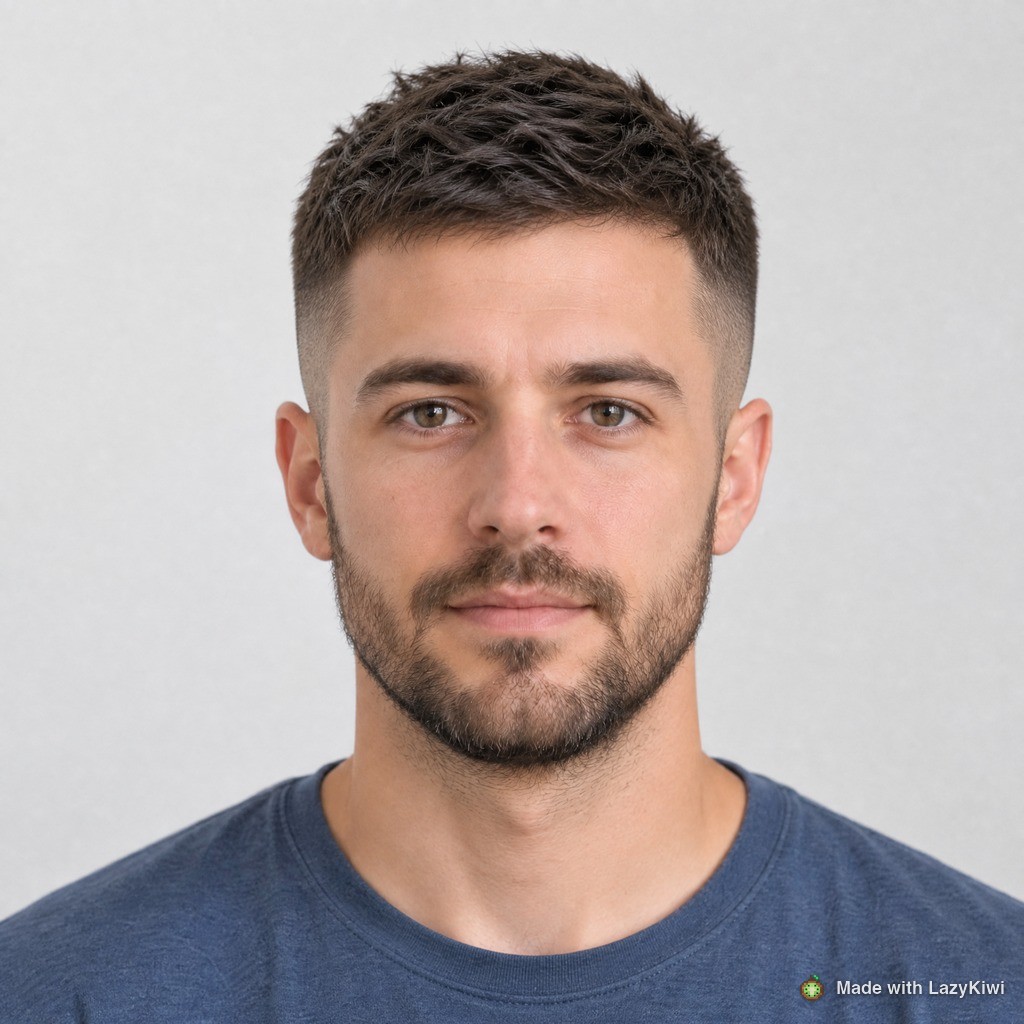 Third run, a short textured crop with a low fade, beard kept as instructed, at 1:1 and 1K for 13 credits.