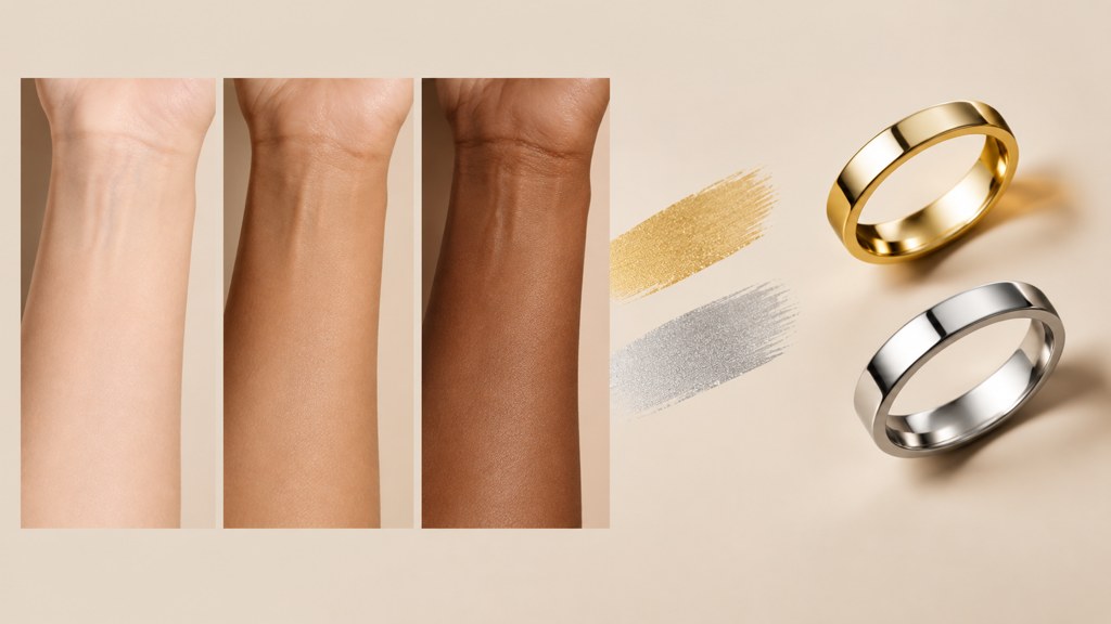 Skin swatches beside gold and silver bands. Undertone is a comparison, which is why it needs a reference next to your face.