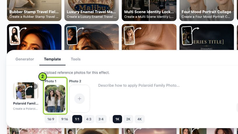 The first upload box of a two-photo template, loaded with one source image.