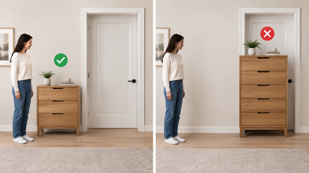 Scale against a doorway is the fastest tell: the same sofa read as plausible or absurd depending on the reference.
