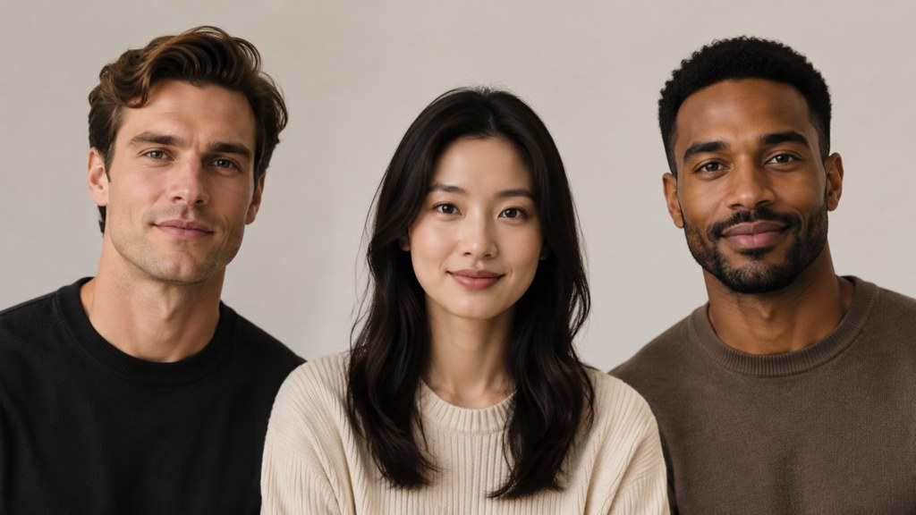 Three faces photographed identically. Same light, same lens height, visibly different geometry.