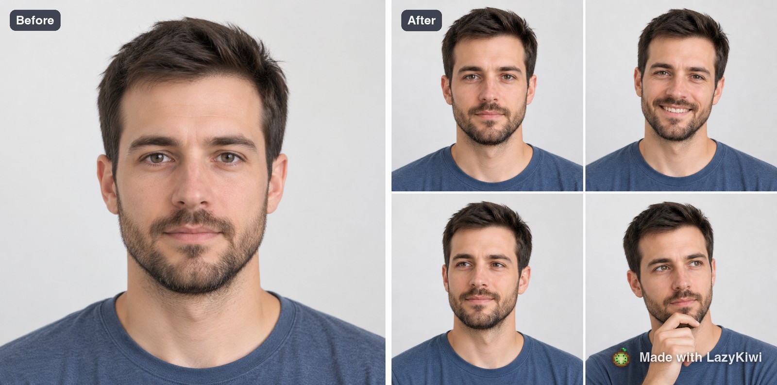 A guest portrait beside its four-panel result at 1:1 and 1K for 13 credits, roughly one minute end to end.