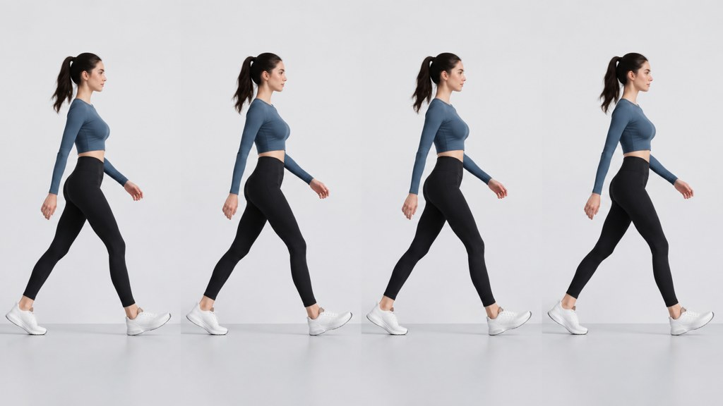 Four frames of a walk cycle with the subject's appearance changed but the motion identical.