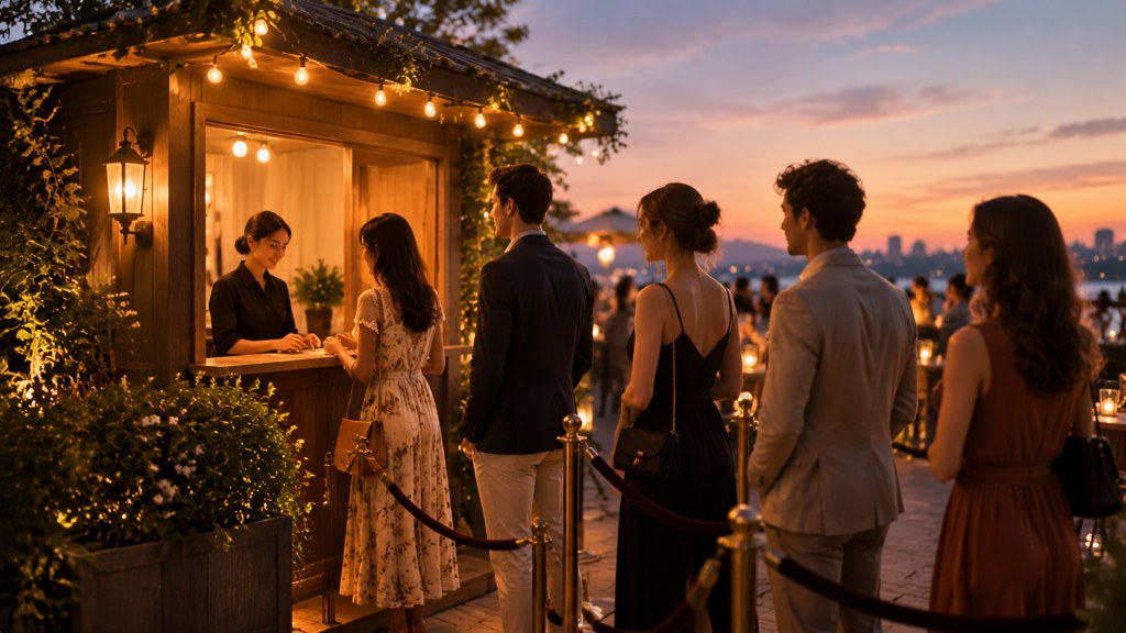 A small booth in a venue during the evening, where queue length matters more than image quality.
