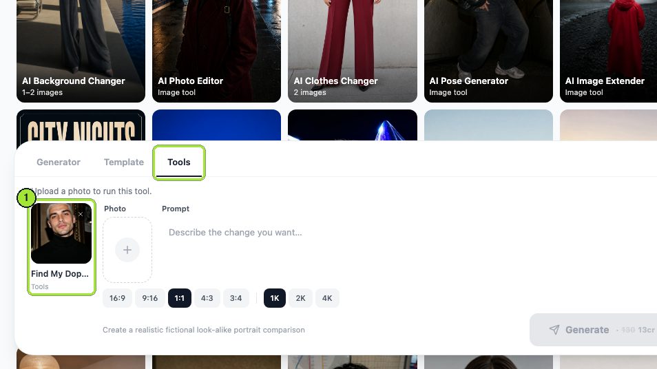 Find My Doppelganger loaded in the composer under the Tools tab, with one Photo box below it.