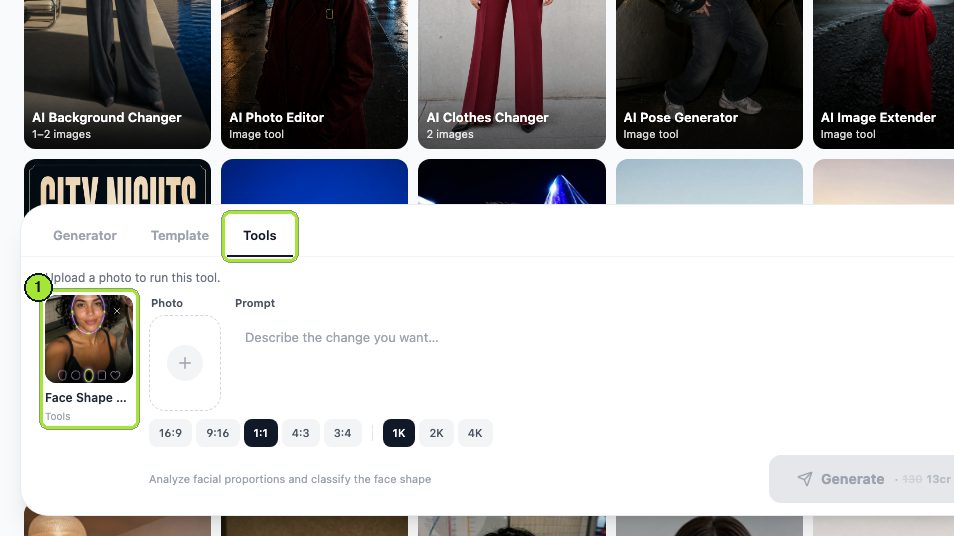 The deep link opens the Tools tab of the image composer with Face Shape Detector already in the chip, next to the Photo box and the Prompt box.
