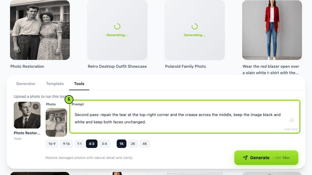 Only the Prompt box changes for the second pass; the photo, ratio and resolution chips stay where they were.